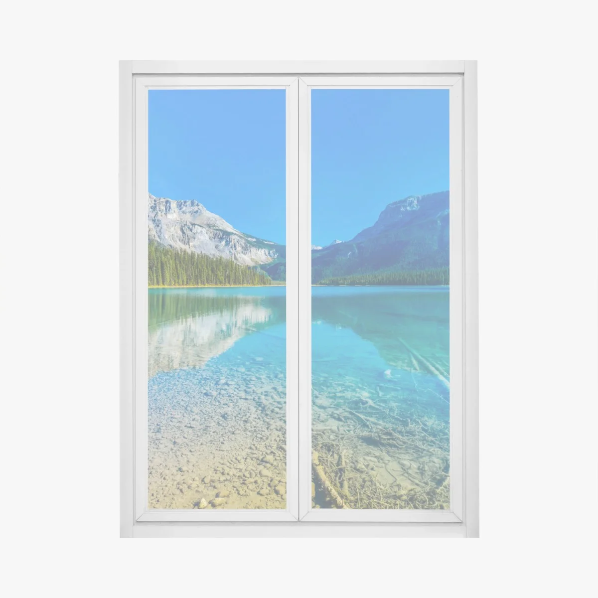 Window decal turquoise alpine lake with mountain reflections • Wallissimo® Window decal turquoise alpine lake with mountain reflections • Wallissimo®