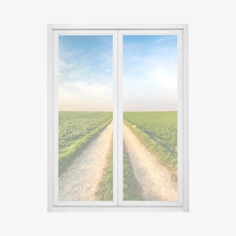 Window decal country road through green fields
