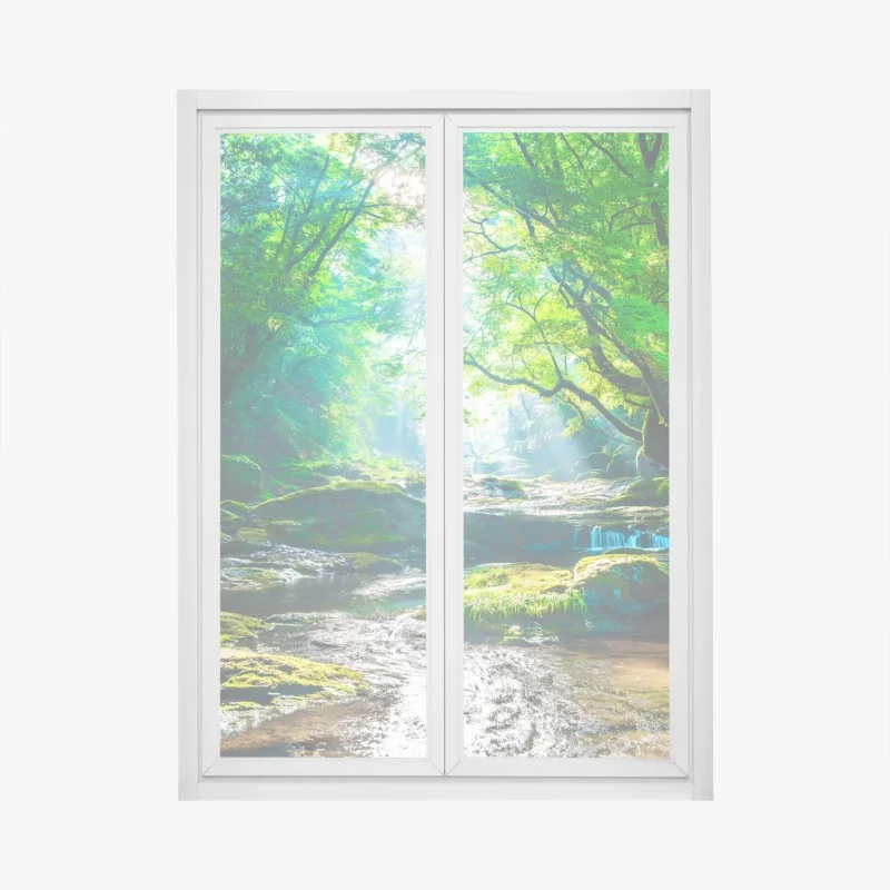 Window decal sunlit forest stream with mossy rocks