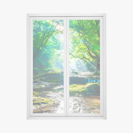 Window decal sunlit forest stream with mossy rocks • Wallissimo®