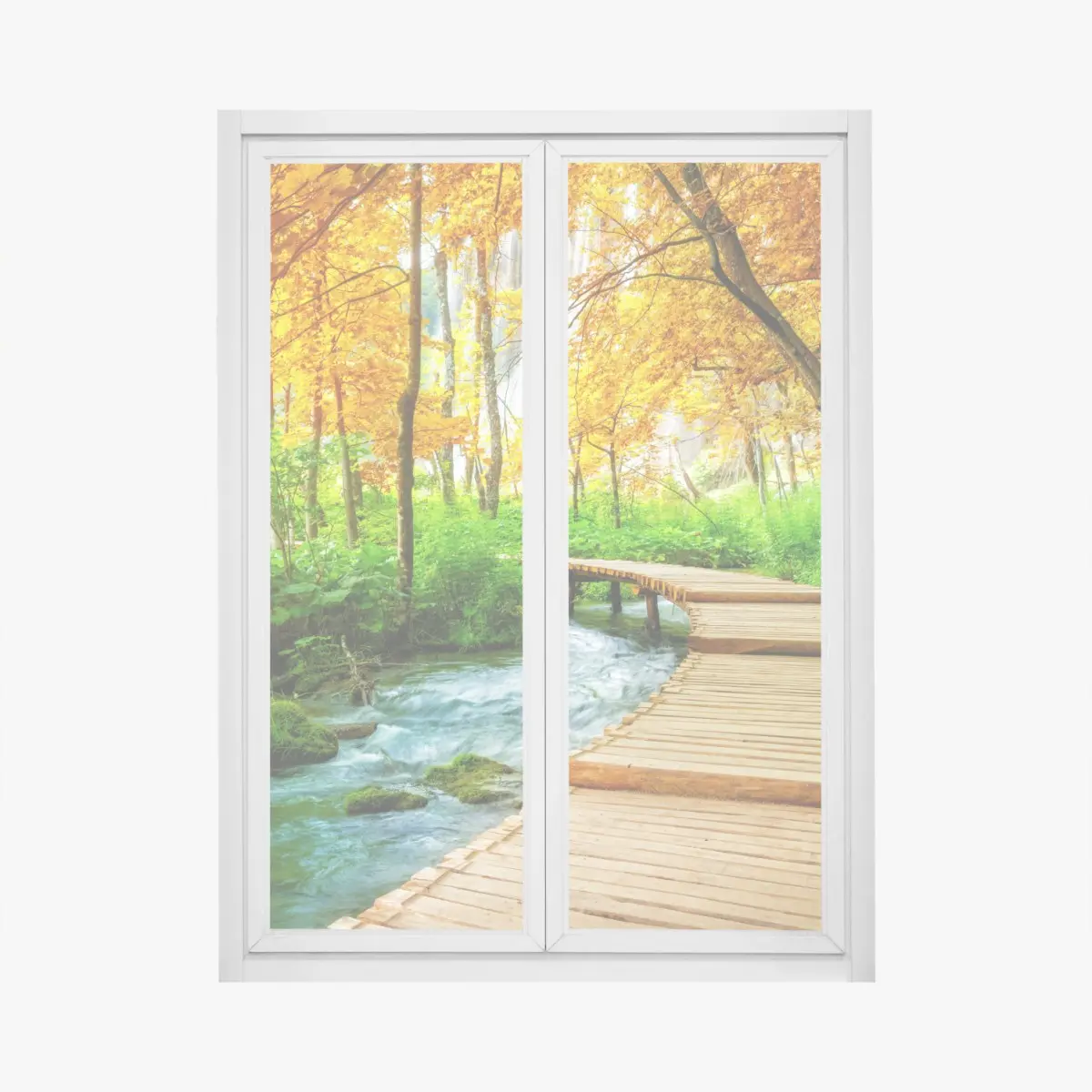 Window decal golden boardwalk through forest at Plitvice Lakes • Wallissimo® Window decal golden boardwalk through forest at Plitvice Lakes • Wallissimo®