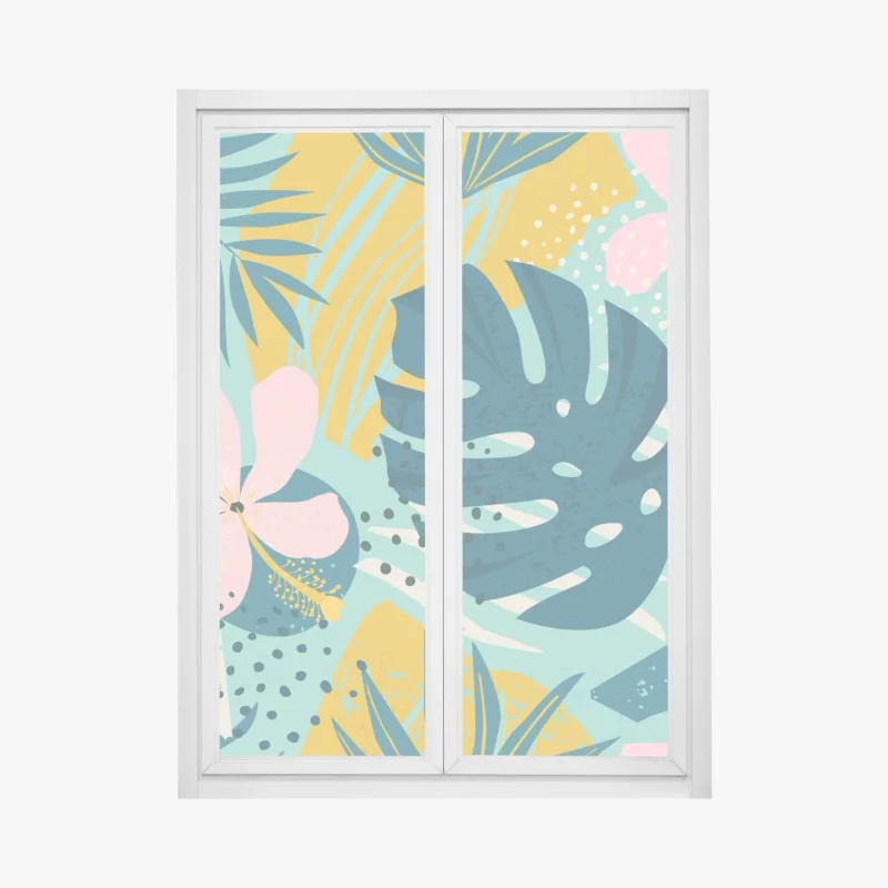 Window decal tropical leaves and blooms