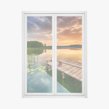 Window decal golden sunrise over tranquil lake • Wallissimo®
