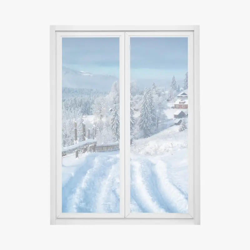 Window decal winter path to an alpine village