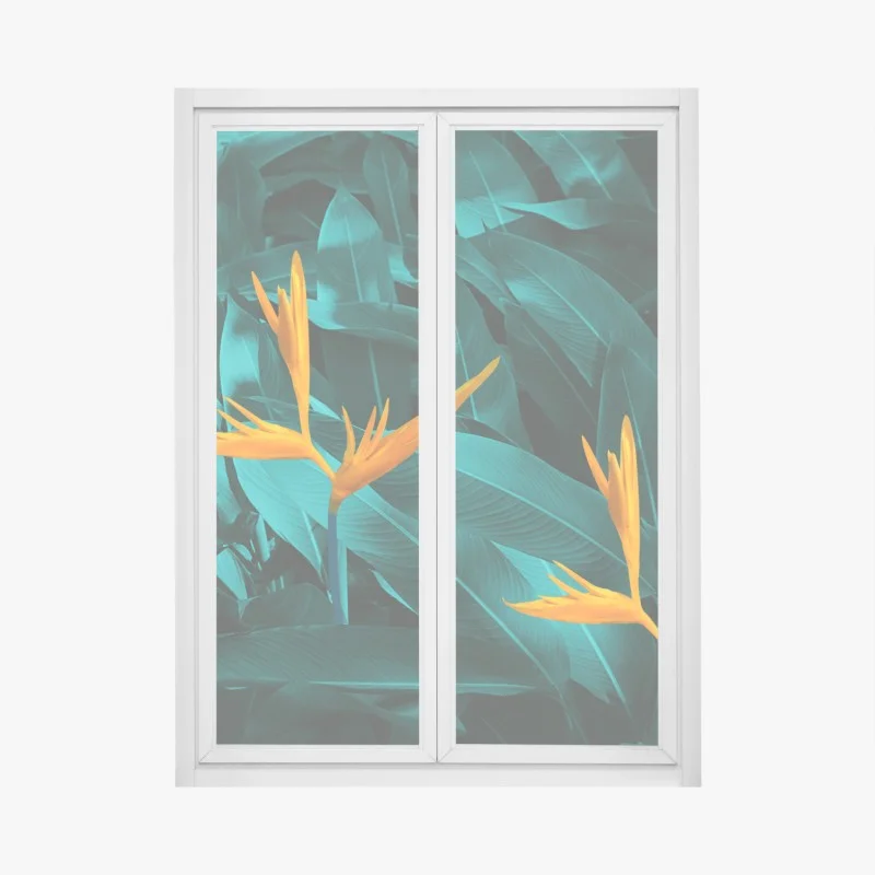 Window decal vibrant bird of paradise on turquoise foliage