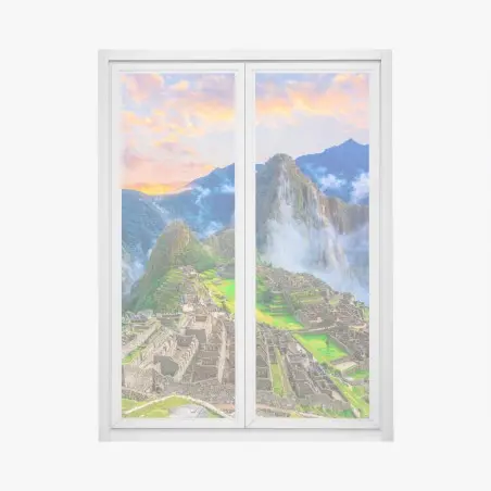Window decal sunset over Machu Picchu ancient Inca citadel • Wallissimo®