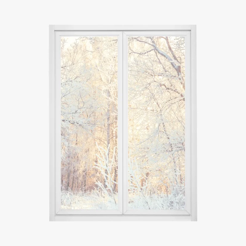 Window decal winter sunlight in snowy forest
