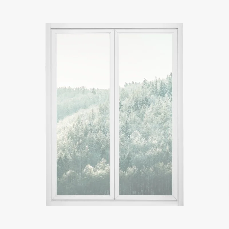 Window decal misty frosted forest landscape