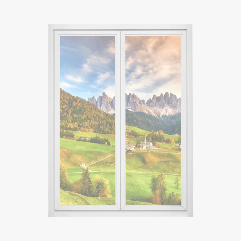 Window decal autumn sunset over Santa Maddalena, Dolomites