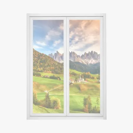 Window decal autumn sunset over Santa Maddalena, Dolomites • Wallissimo®
