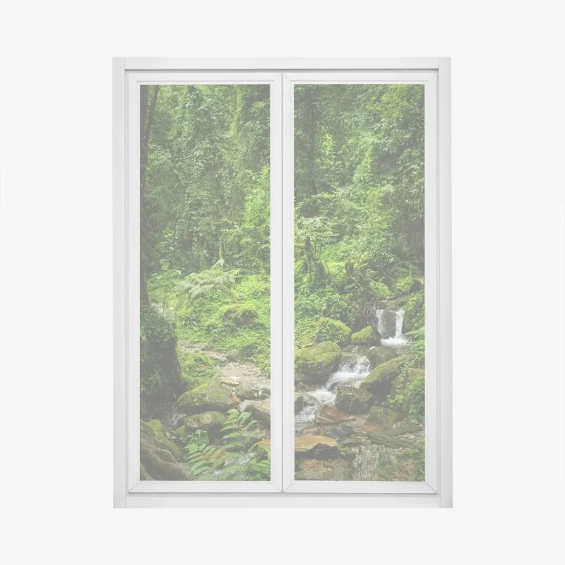 Window decal lush green forest waterfall