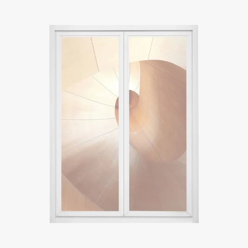 Window decal warm wooden spiral staircase