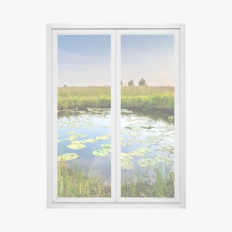 Window decal tranquil lily pond in grassy meadow