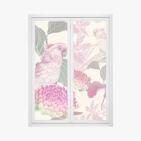 Window decal pink parrot and chrysanthemum botanical print • Wallissimo®