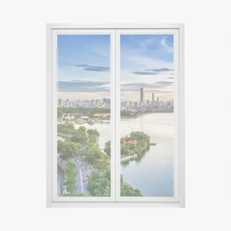 Window decal tranquil lakeside cityscape at dusk • Wallissimo®