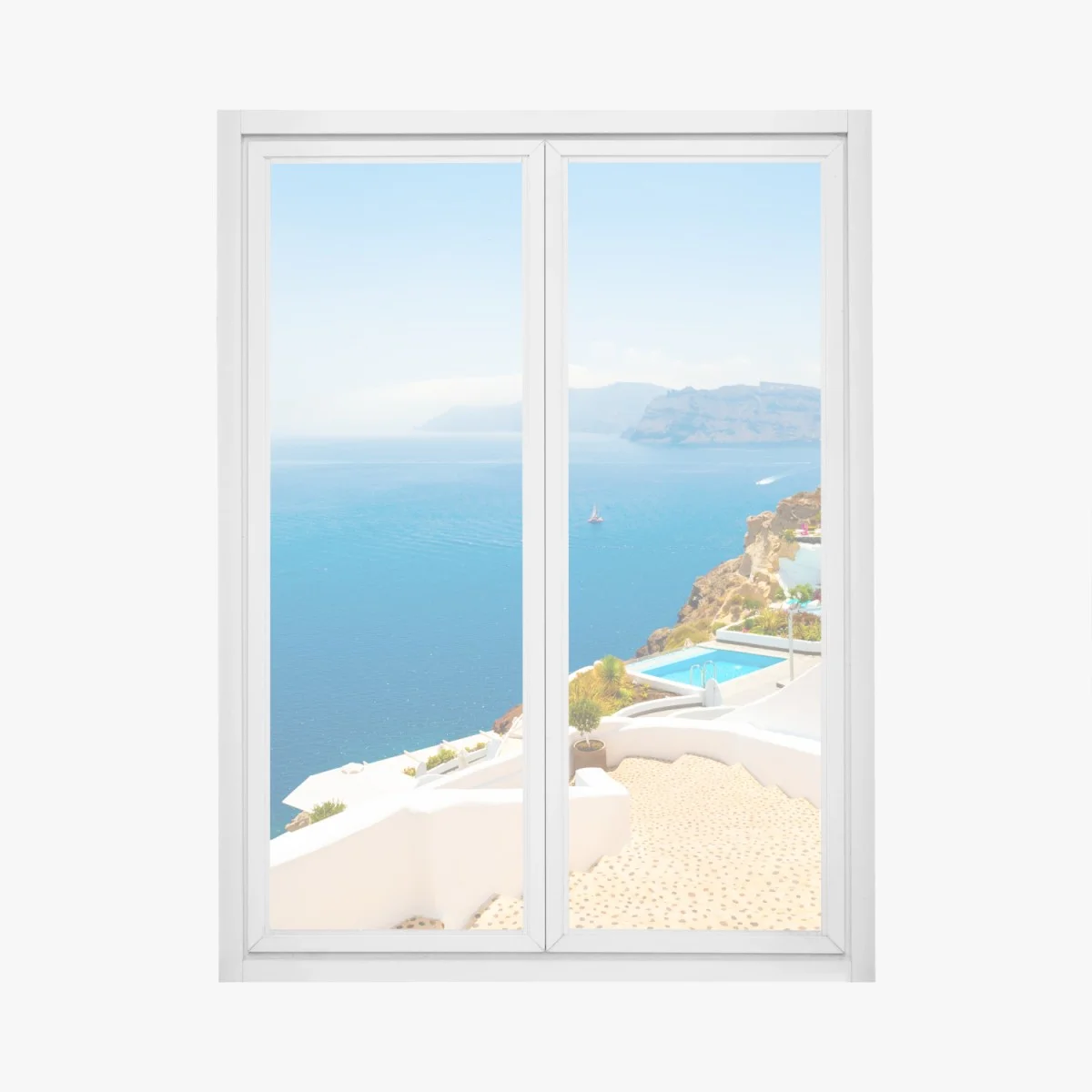 Window decal Santorini coastal view with white architecture • Wallissimo® Window decal Santorini coastal view with white architecture • Wallissimo®