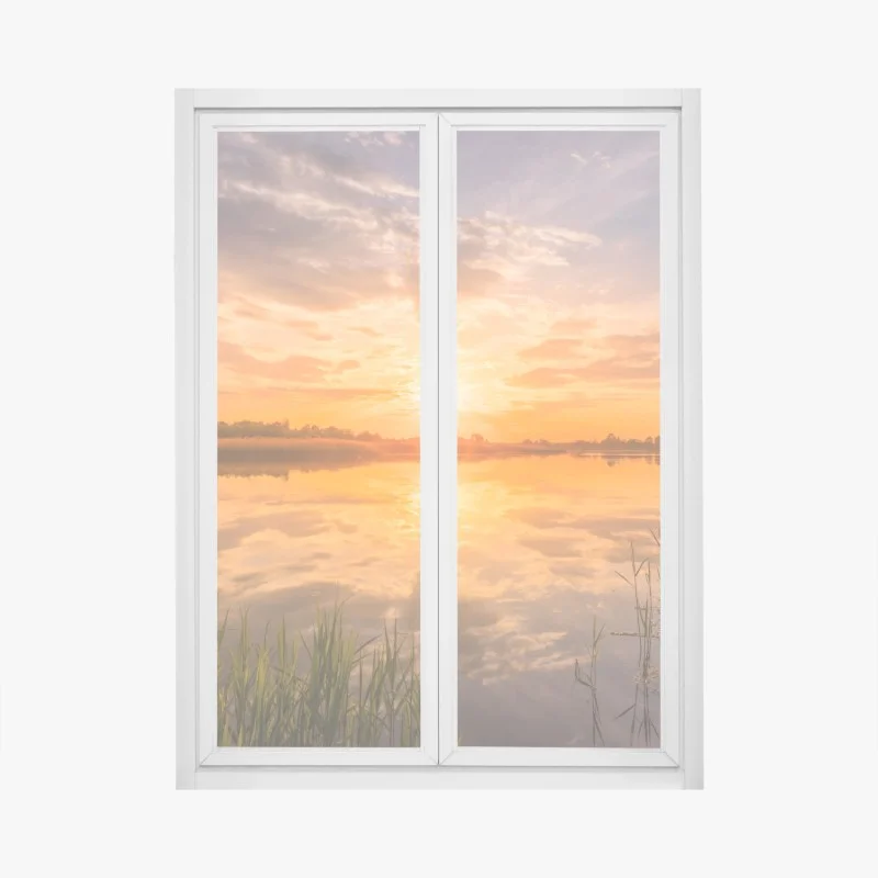 Window decal golden sunset over tranquil lake