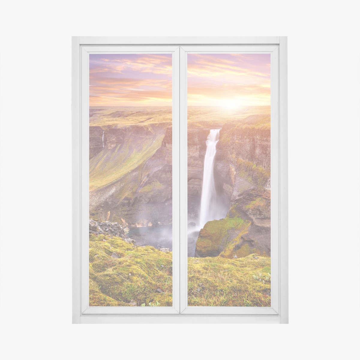 Window decal Haifoss waterfall sunset panorama • Wallissimo® Window decal Haifoss waterfall sunset panorama • Wallissimo®