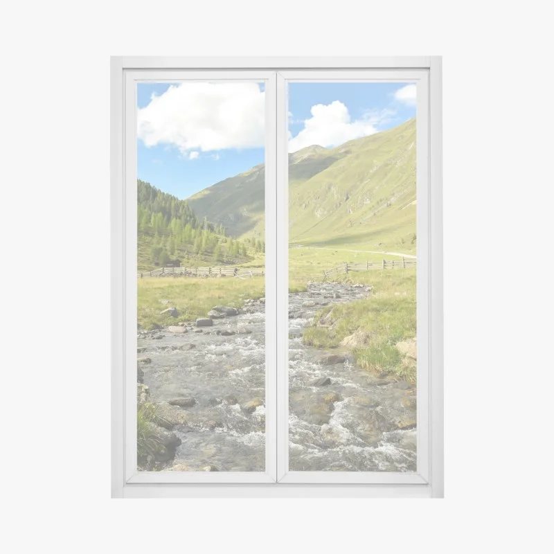 Window decal alpine mountain stream in a sunlit valley