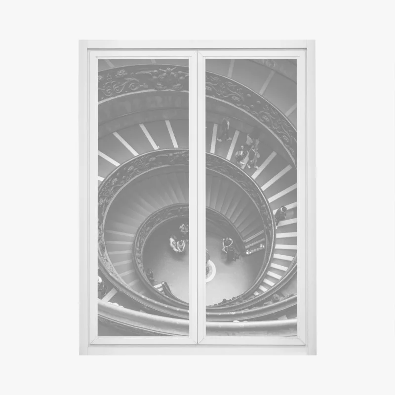 Window decal dramatic spiral staircase in monochrome