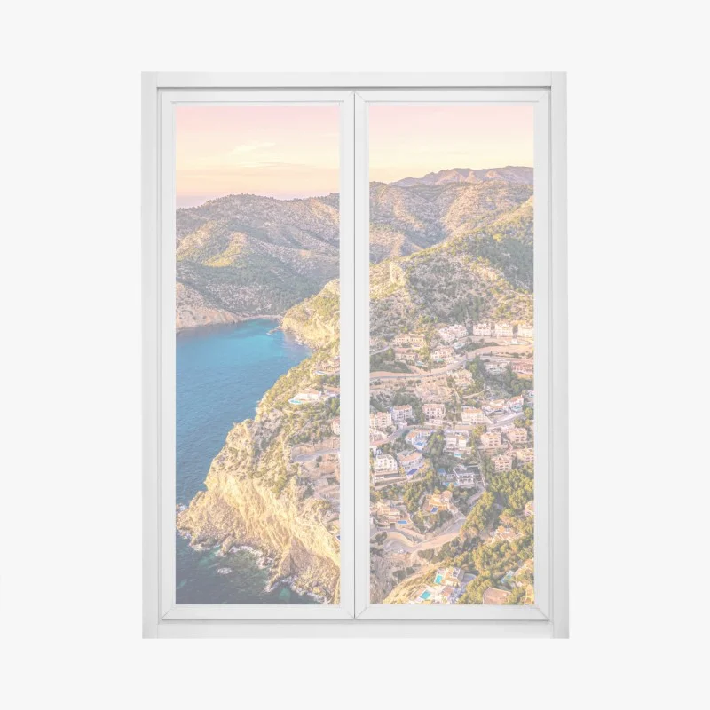 Window decal sunset coastal landscape over cliffside village