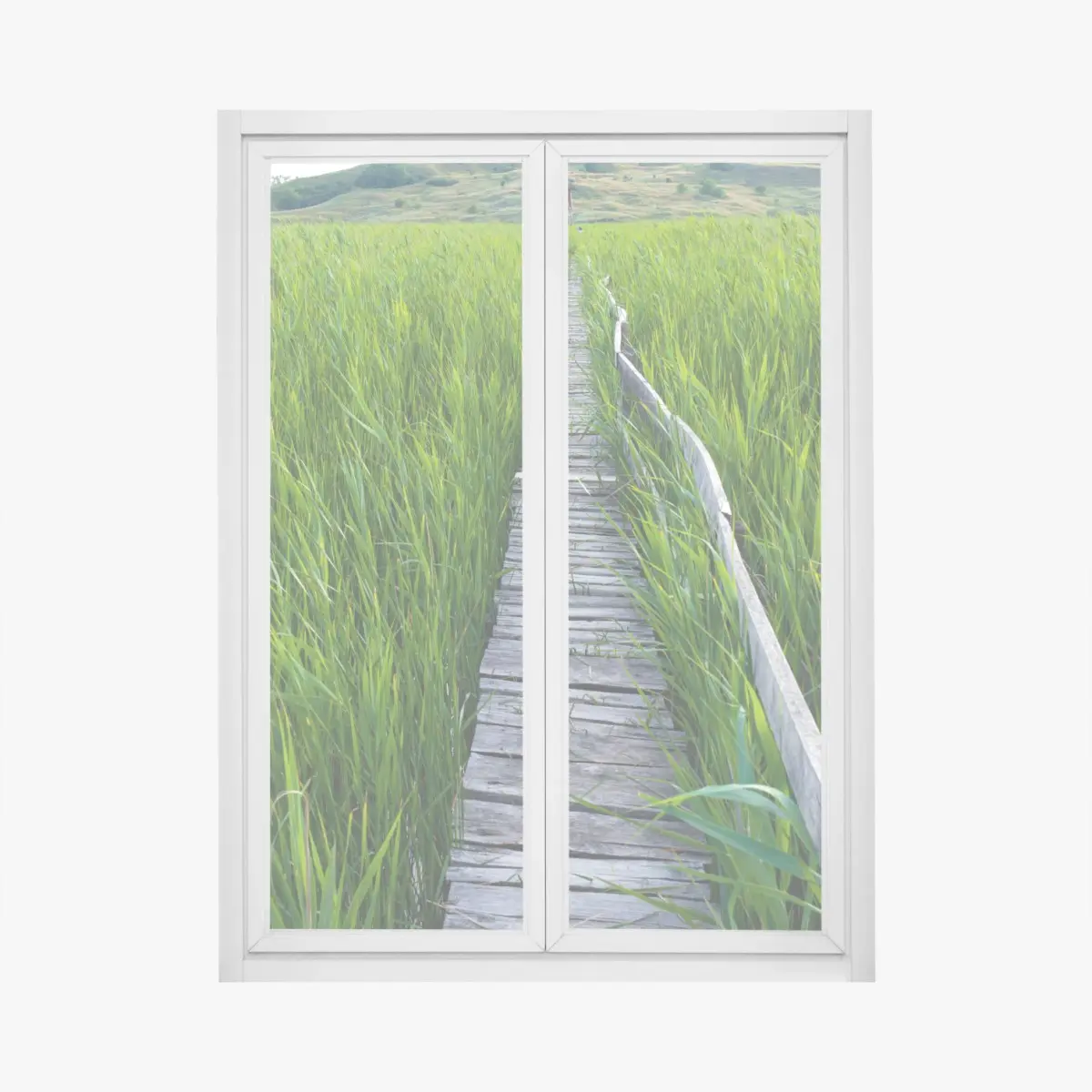 Window decal serene green marsh boardwalk to rustic hut • Wallissimo® Window decal serene green marsh boardwalk to rustic hut • Wallissimo®
