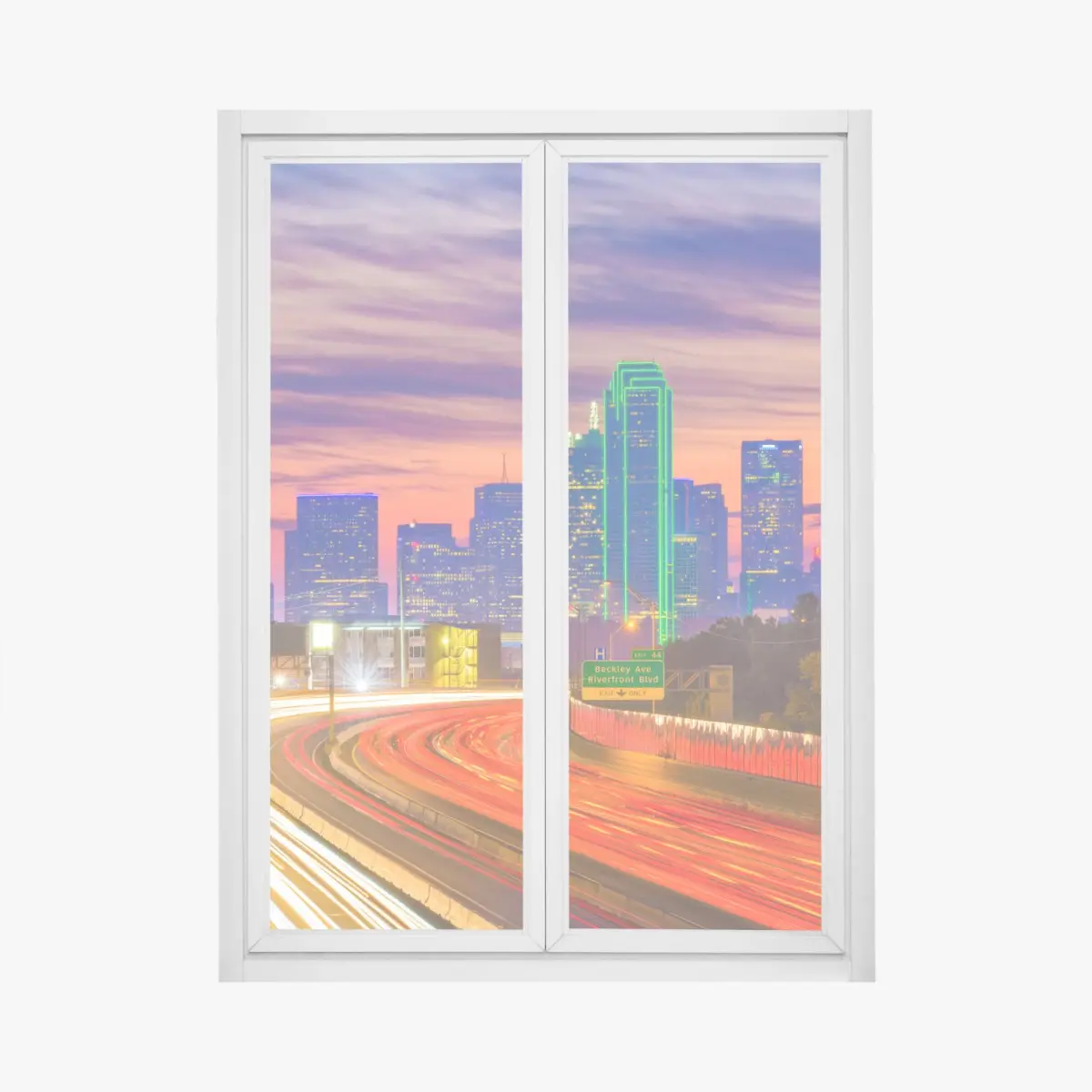 Window decal Dallas skyline at sunset with highway light trails • Wallissimo® Window decal Dallas skyline at sunset with highway light trails • Wallissimo®