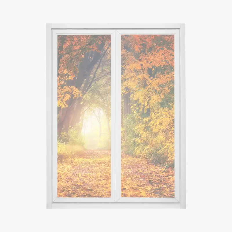 Window decal autumn forest pathway at golden hour