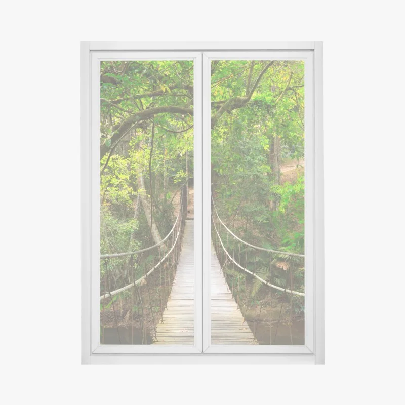 Window decal suspended forest footbridge through green canopy