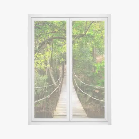 Window decal suspended forest footbridge through green canopy • Wallissimo®