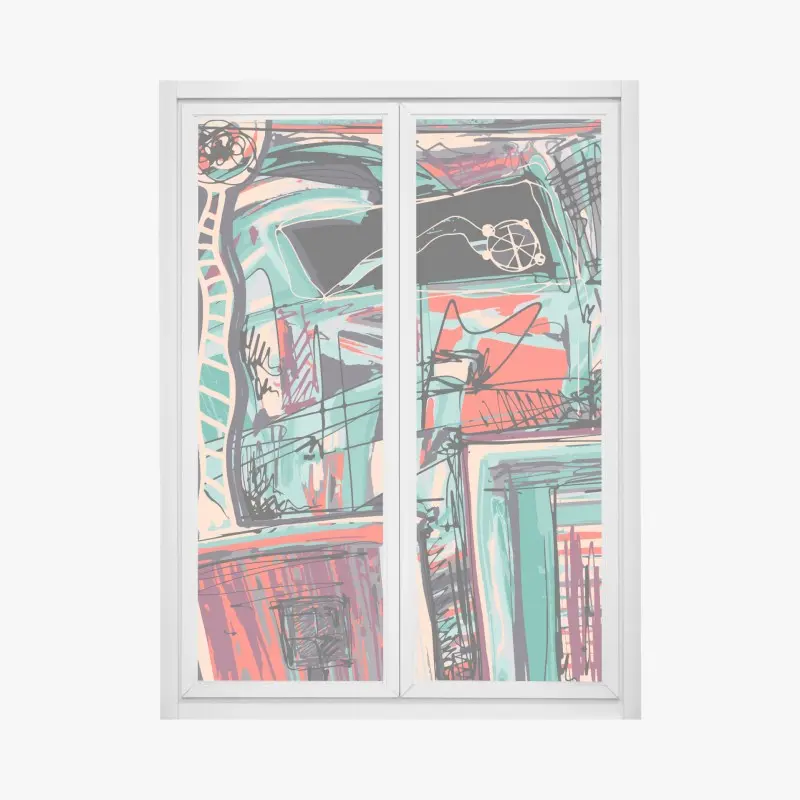 Window decal turquoise and coral abstract cityscape lines