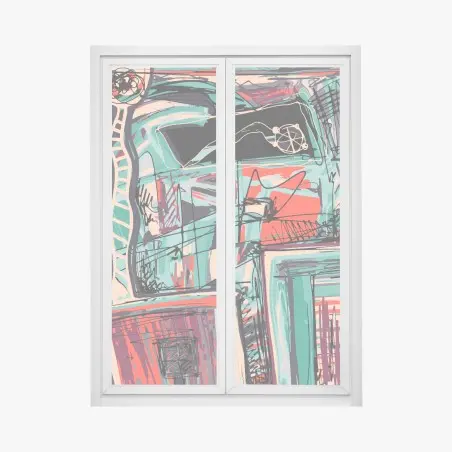 Window decal turquoise and coral abstract cityscape lines • Wallissimo®