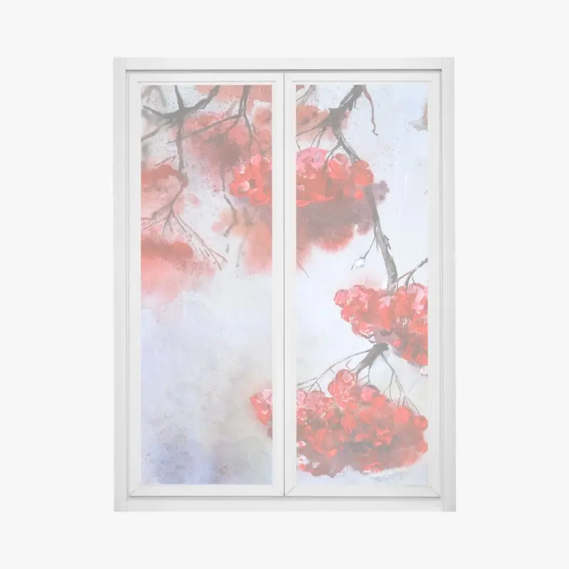 Window decal red berries on branches watercolor art