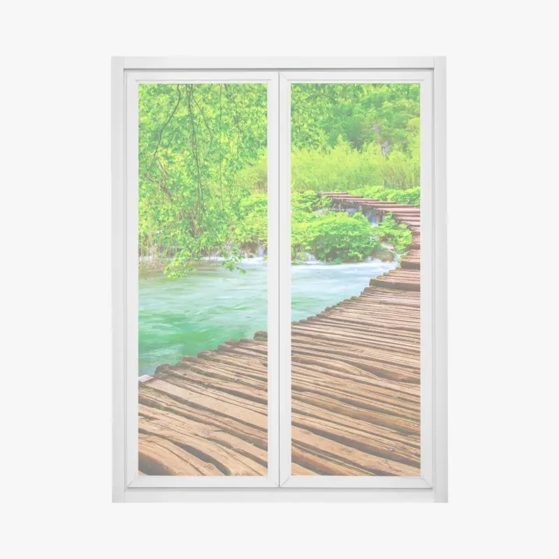 Window decal serene green boardwalk over river