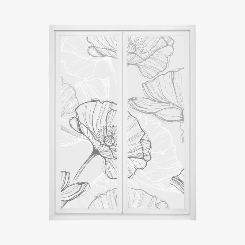 Window decal delicate gray poppy line art