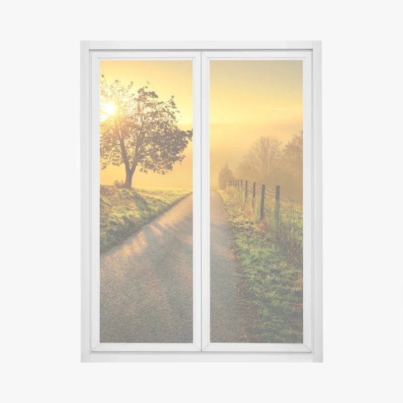 Window decal sunlit countryside path at sunrise
