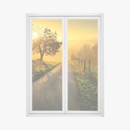 Window decal sunlit countryside path at sunrise • Wallissimo®