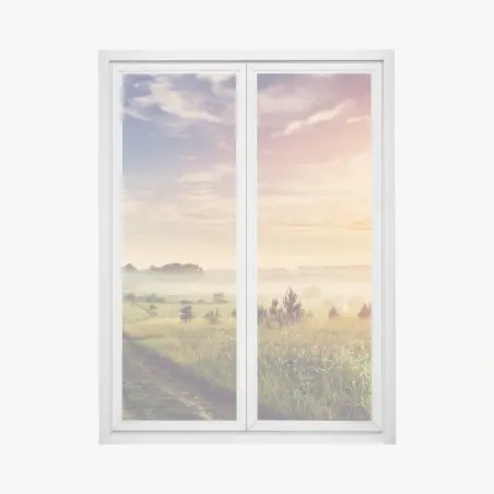 Window decal misty sunrise over a rural meadow • Wallissimo®