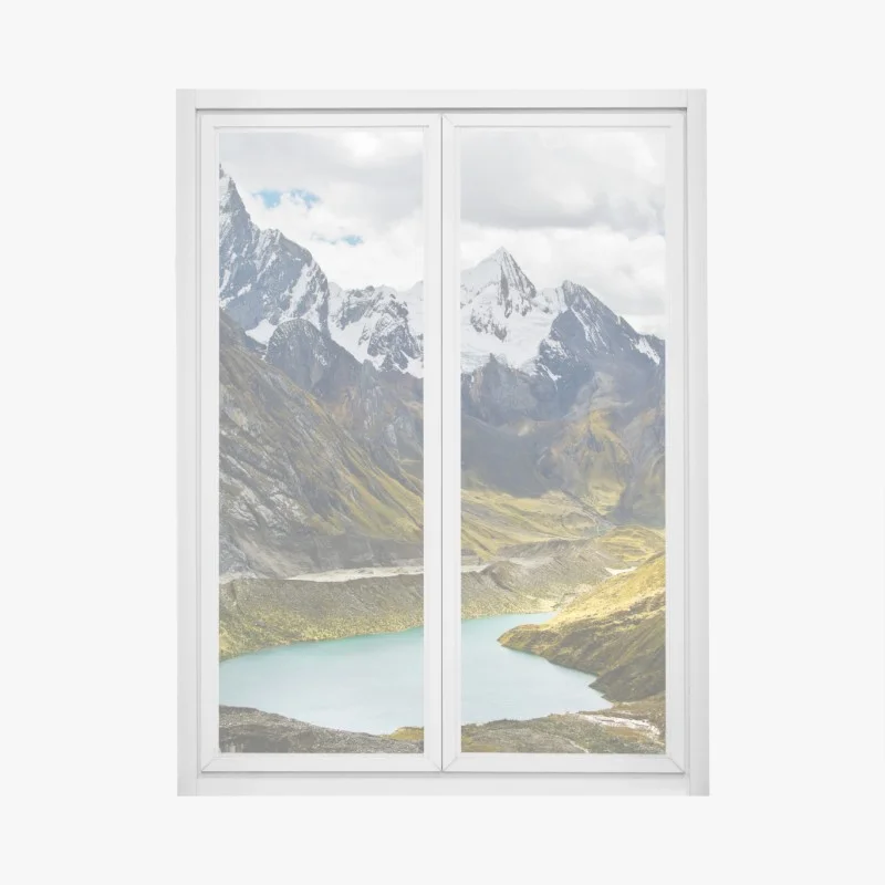 Window decal turquoise alpine lake beneath snowy peaks