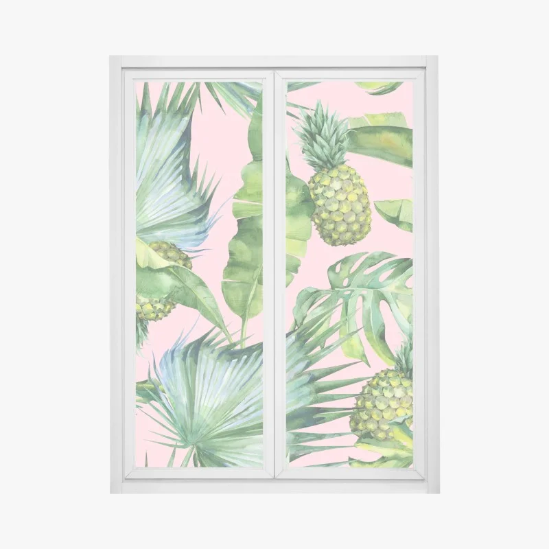 Window decal tropical pineapple watercolor pattern on pink