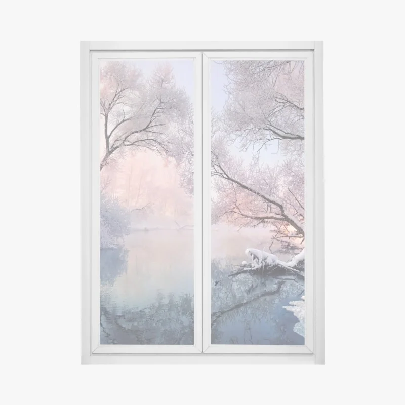 Window decal serene winter river landscape