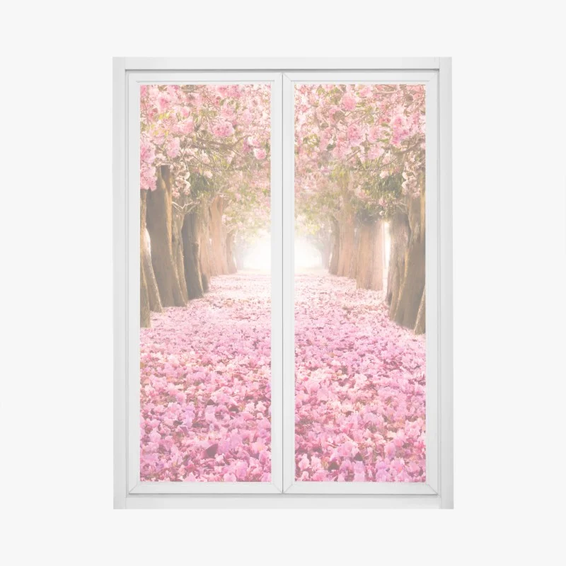 Window decal pink blossom pathway under cherry trees