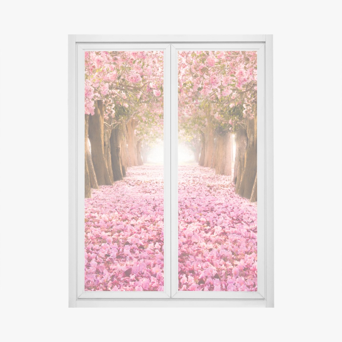 Window decal pink blossom pathway under cherry trees • Wallissimo® Window decal pink blossom pathway under cherry trees • Wallissimo®