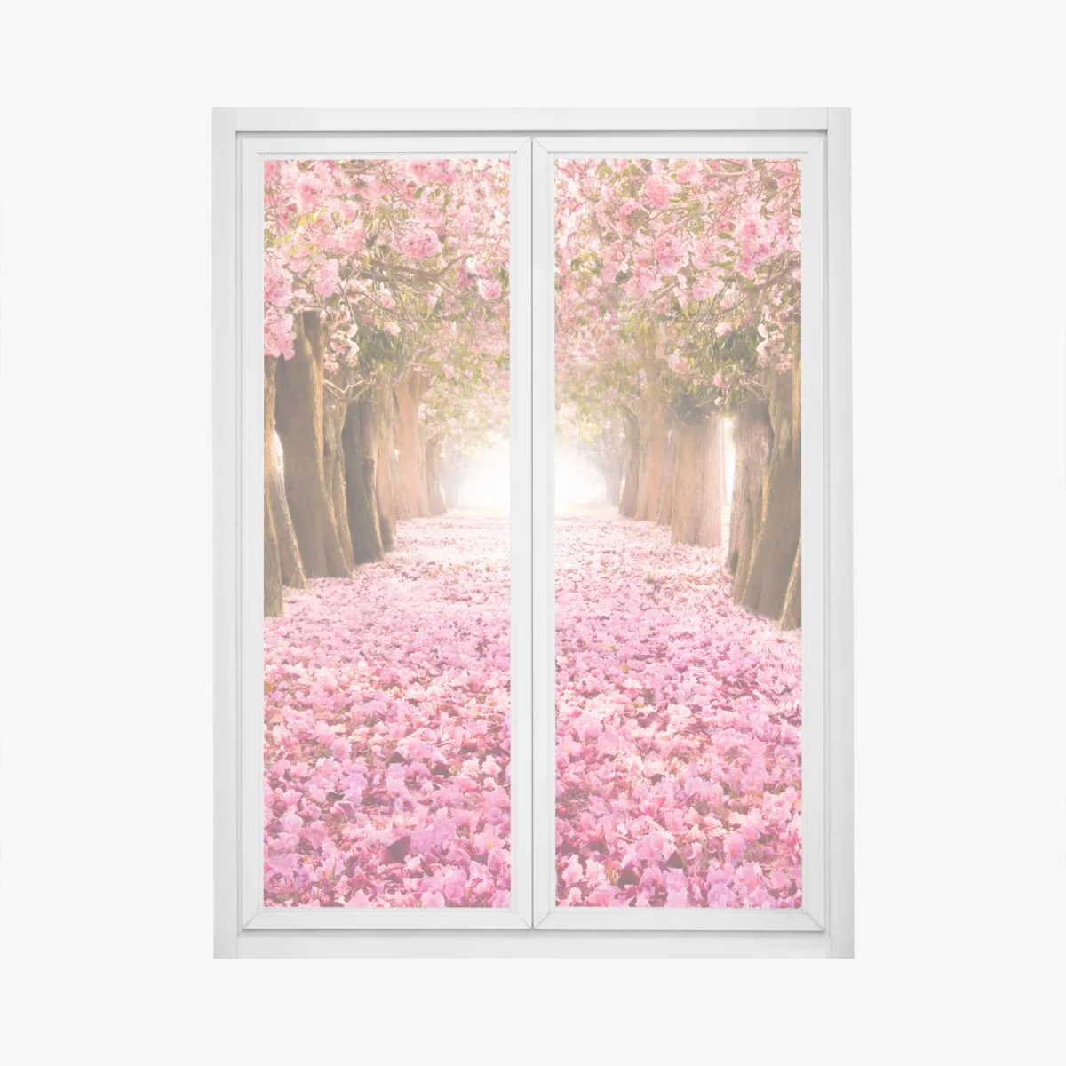 Window decal pink blossom pathway under cherry trees • Wallissimo® Window decal pink blossom pathway under cherry trees • Wallissimo®
