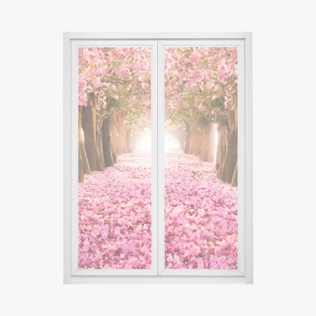 Window decal pink blossom pathway under cherry trees • Wallissimo®