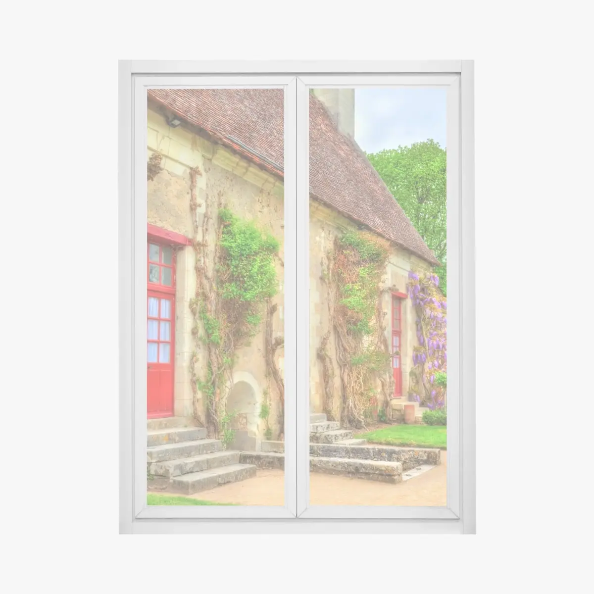 Window decal charming cottage with wisteria in bloom • Wallissimo® Window decal charming cottage with wisteria in bloom • Wallissimo®
