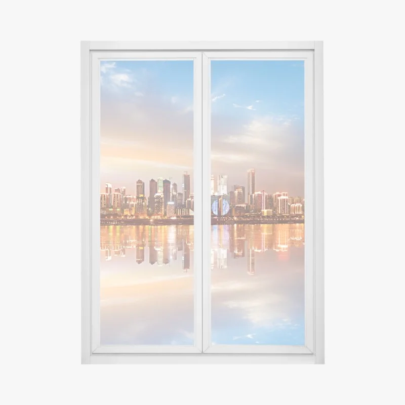 Window decal city skyline reflected at dusk