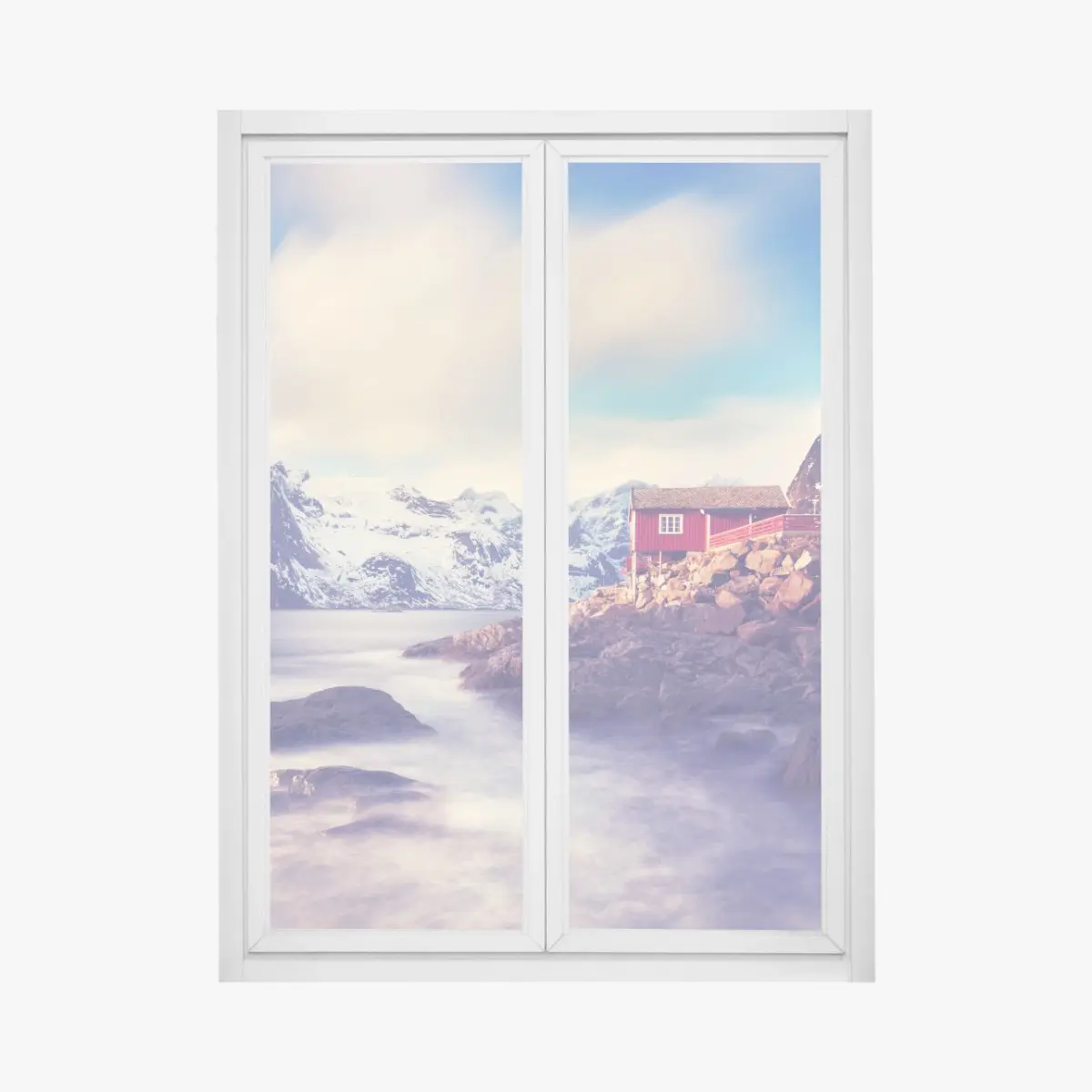 Window decal coastal mountain retreat with red cabins • Wallissimo® Window decal coastal mountain retreat with red cabins • Wallissimo®