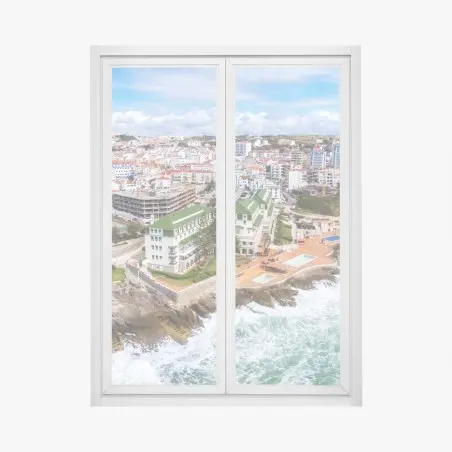 Window decal aerial coastal cityscape with crashing waves • Wallissimo®