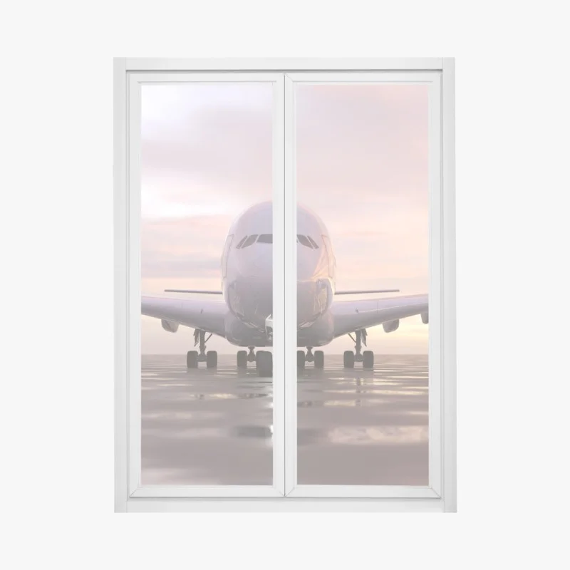 Window decal front view jet on runway at sunset